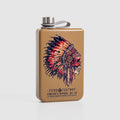 Chief Flask, a tan rectangular metal flask with a silver cap and loop, featuring a colorful feathered headdress skull illustration.