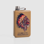 Chief Flask, a tan rectangular metal flask with a silver cap and loop, featuring a colorful feathered headdress skull illustration.