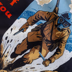 Doughboy Flag showing a World War I soldier in a gas mask and brown uniform holding a rifle while moving through a snowy battlefield in vintage artwork
