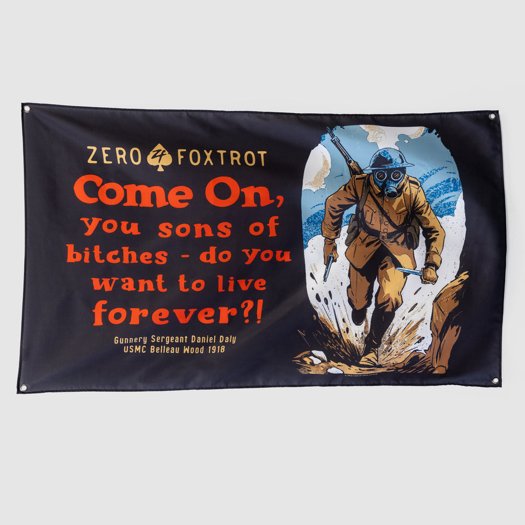 Doughboy Flag featuring a World War I soldier in uniform emerging from water beside bold orange motivational text on a black background