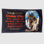 Doughboy Flag featuring a World War I soldier in uniform emerging from water beside bold orange motivational text on a black background