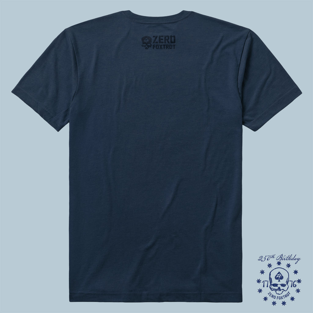 Back view of a navy blue t-shirt with a small "Zero Foxtrot" logo at the upper back, part of the ZF Core Tee 250th Birthday 3-Pack collection.