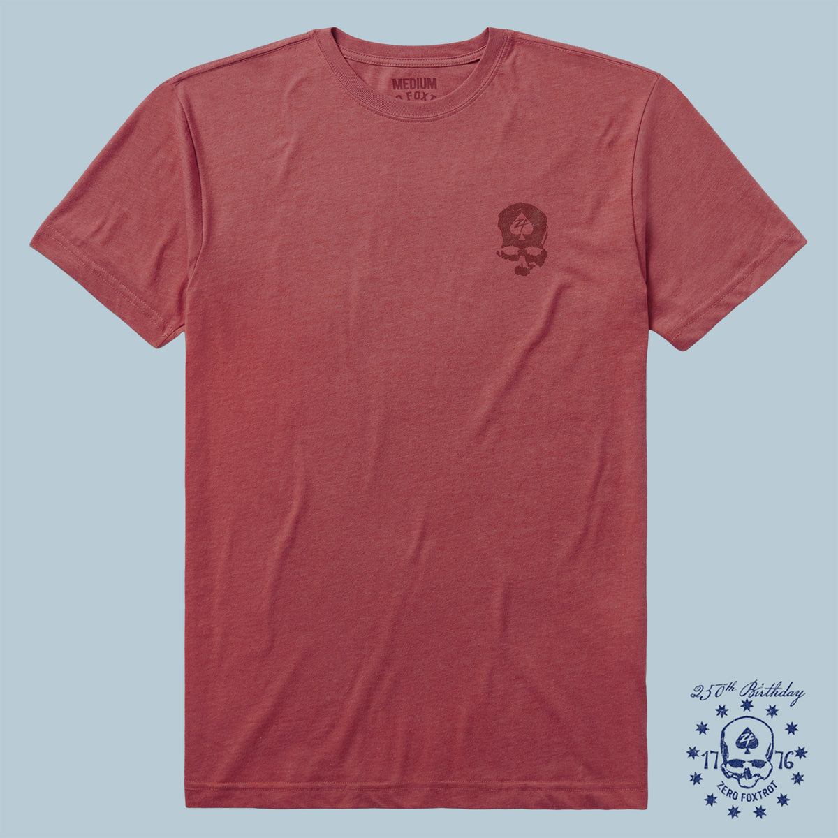 Red crew neck t-shirt featuring a subtle dark skull graphic on the chest, part of the ZF Core Tee 250th Birthday 3-Pack collection.