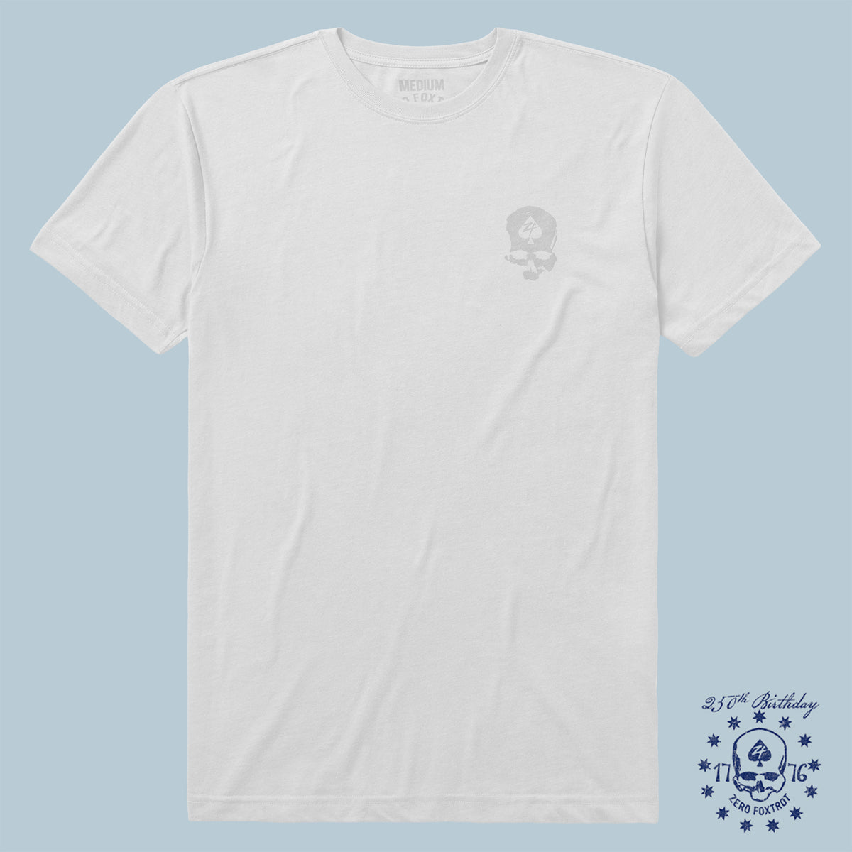 White short-sleeve crew neck t-shirt with a subtle skull and zero footprint logo on the chest, part of the ZF Core Tee 250th Birthday 3-Pack collection.