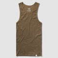 Skivvy Tank in brown cotton fabric laid flat against a light background, featuring a sleeveless design with a round neckline and a small label at the hem.