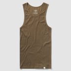 Skivvy Tank in brown cotton fabric laid flat against a light background, featuring a sleeveless design with a round neckline and a small label at the hem.
