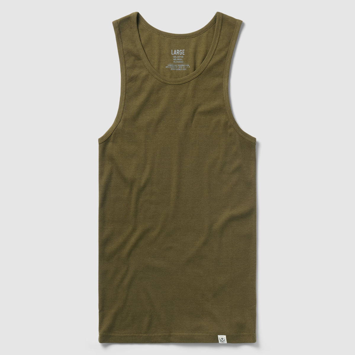 Dark olive green sleeveless Skivvy Tank made from soft cotton fabric, displayed flat against a light gray background.