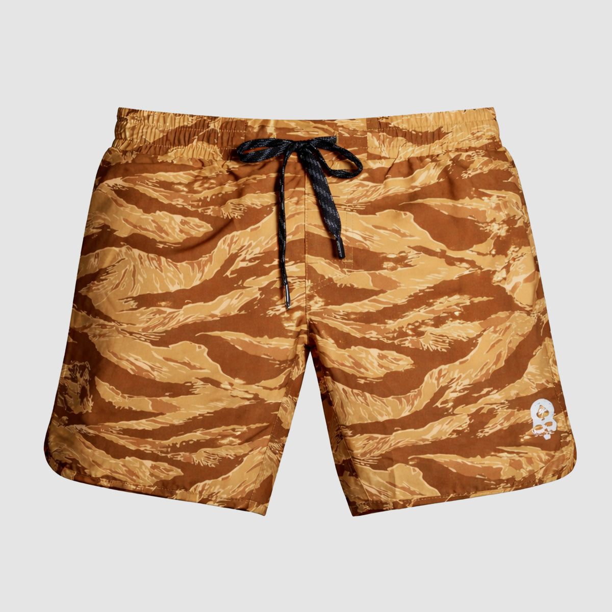 Zero Shorts - 7" Inseam featuring a brown and tan camouflage pattern with an elastic waistband and black drawstring closure.