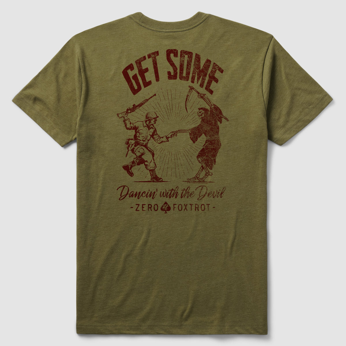 Dancin' with the Devil Tee in olive green, featuring a vintage red graphic of a cowboy dancing with a devil and Get Some text on the front