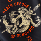Death Before Dishonor Flag with distressed tan warrior emblem and sword graphic on a black background surrounded by bold orange lettering