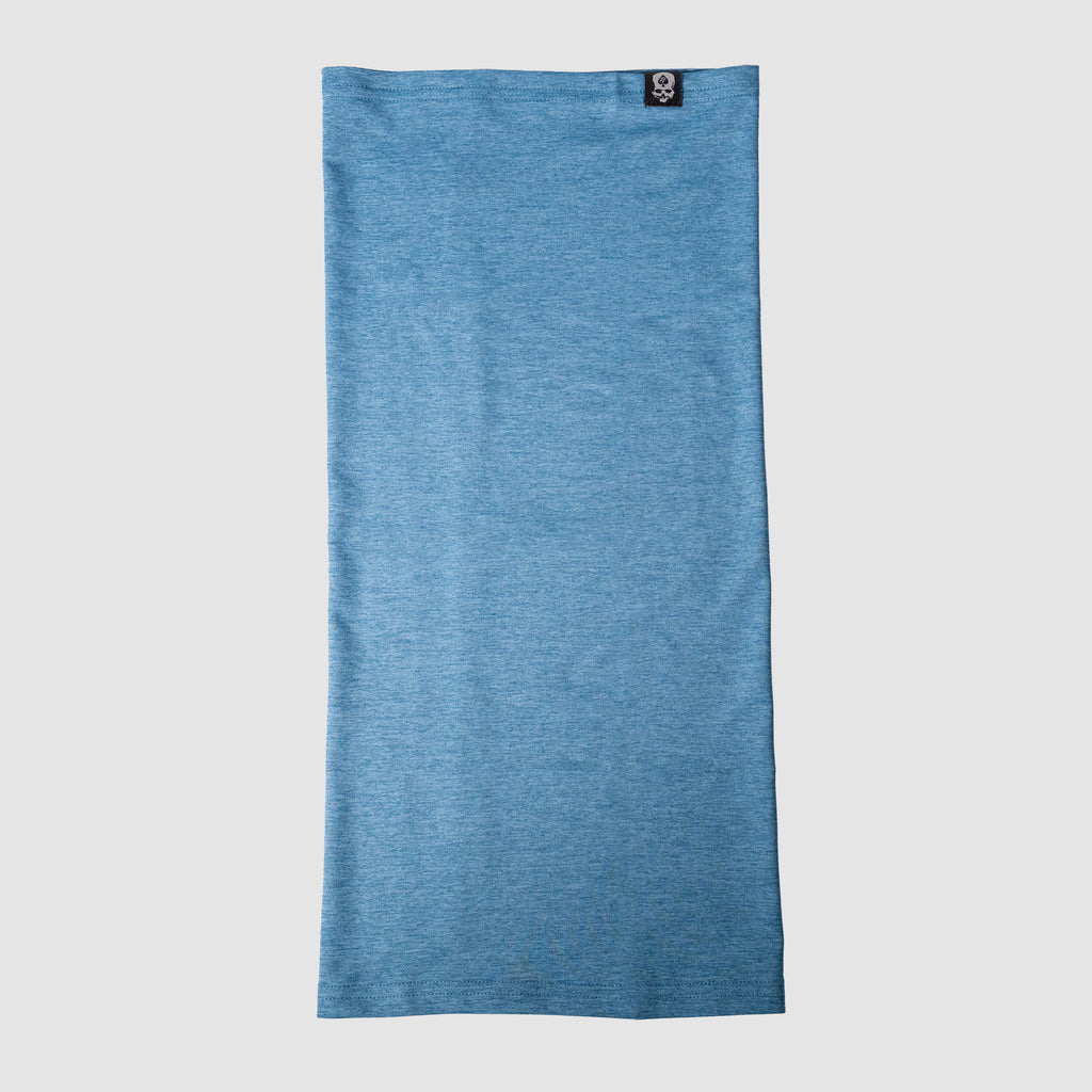 Light blue Performance Sun Gaiter made of breathable fabric, shown flat with a small black tag on the top edge, designed for sun protection and comfort.