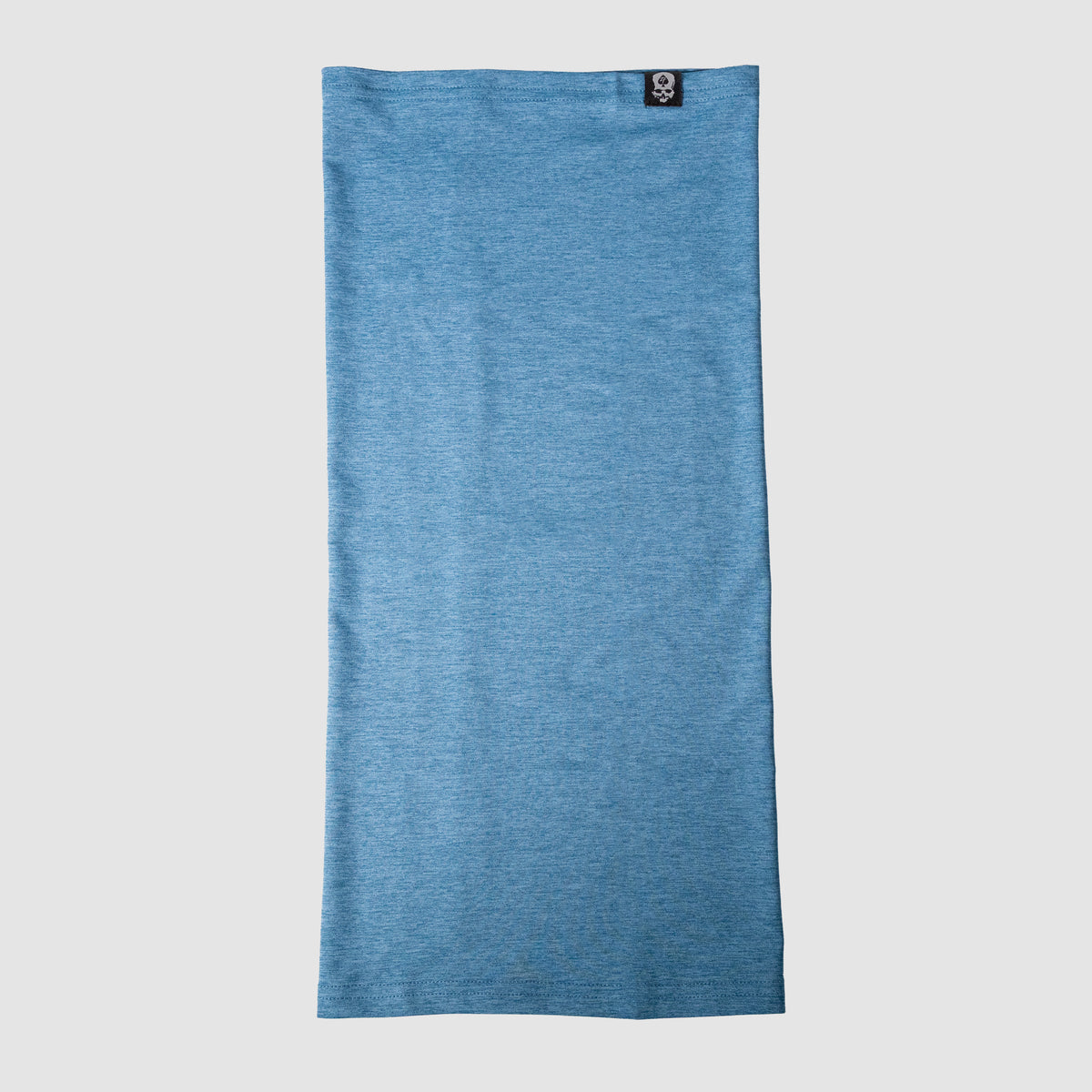 Light blue Performance Sun Gaiter made of breathable fabric, shown flat with a small black tag on the top edge, designed for sun protection and comfort.