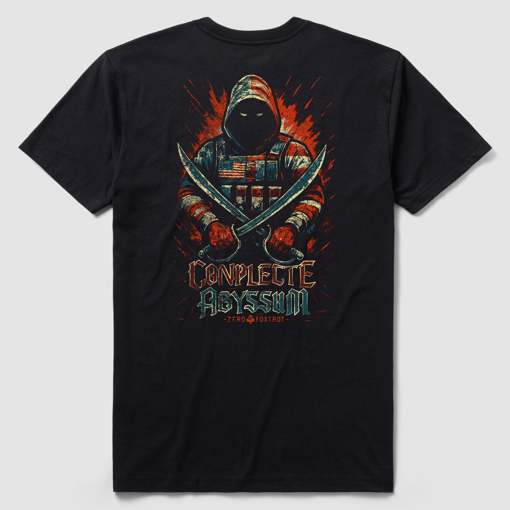 Embrace Chaos Tee featuring a dark hooded figure with glowing eyes holding crossed swords, wearing an American flag patterned garment, and the text "Conflec Abyssum" on a black background.