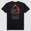 Embrace Chaos Tee featuring a dark hooded figure with glowing eyes holding crossed swords, wearing an American flag patterned garment, and the text "Conflec Abyssum" on a black background.