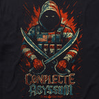 Graphic illustration on Embrace Chaos Tee featuring a hooded figure with crossed swords, wearing tactical gear adorned with an American flag patch, set against a fiery background.