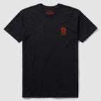 Black short-sleeve cotton t-shirt featuring a small red skull with an ace of spades symbol and the text "Embrace Chaos" on the front chest, Embrace Chaos Tee.