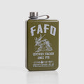 FAFO Flask olive green metal flask with a silver cap and carrying loop featuring bold FAFO lettering and a certified stacker graphic on the front