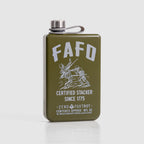 FAFO Flask olive green metal flask with a silver cap and carrying loop featuring bold FAFO lettering and a certified stacker graphic on the front