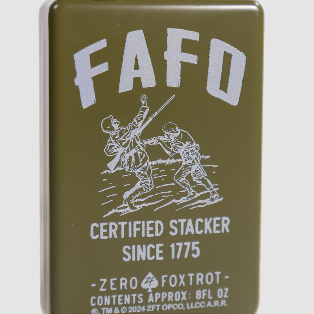 FAFO Flask, an olive green metal flask featuring white FAFO lettering, a vintage illustration, and the text Certified Stacker Since 1775.