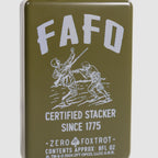 FAFO Flask, an olive green metal flask featuring white FAFO lettering, a vintage illustration, and the text Certified Stacker Since 1775.