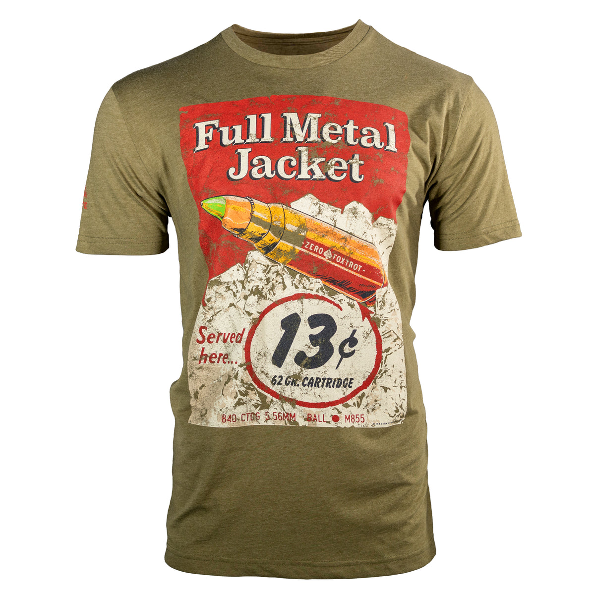 Olive green Full Metal Jacket Tee with a vintage graphic of a rocket projectile, bold Full Metal Jacket lettering, and military inspired distressed artwork on the front