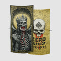 Two microfiber beach towels with dark and edgy designs featuring skulls; one towel shows a crowned skeleton with red paint details, the other has a skull with an ace spade symbol and stylized text on a topographic map background.