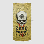 Microfiber Beach Towels featuring a bold skull design with an ace of spades symbol on the forehead, set against a topographic map background with the text "Zero Foxtrot Stay Zero.