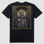 Black Fallen Angel Tee featuring a detailed graphic of a skeleton angel with wings, a crown, and red blood dripping from its mouth, set within an ornate gold frame design.