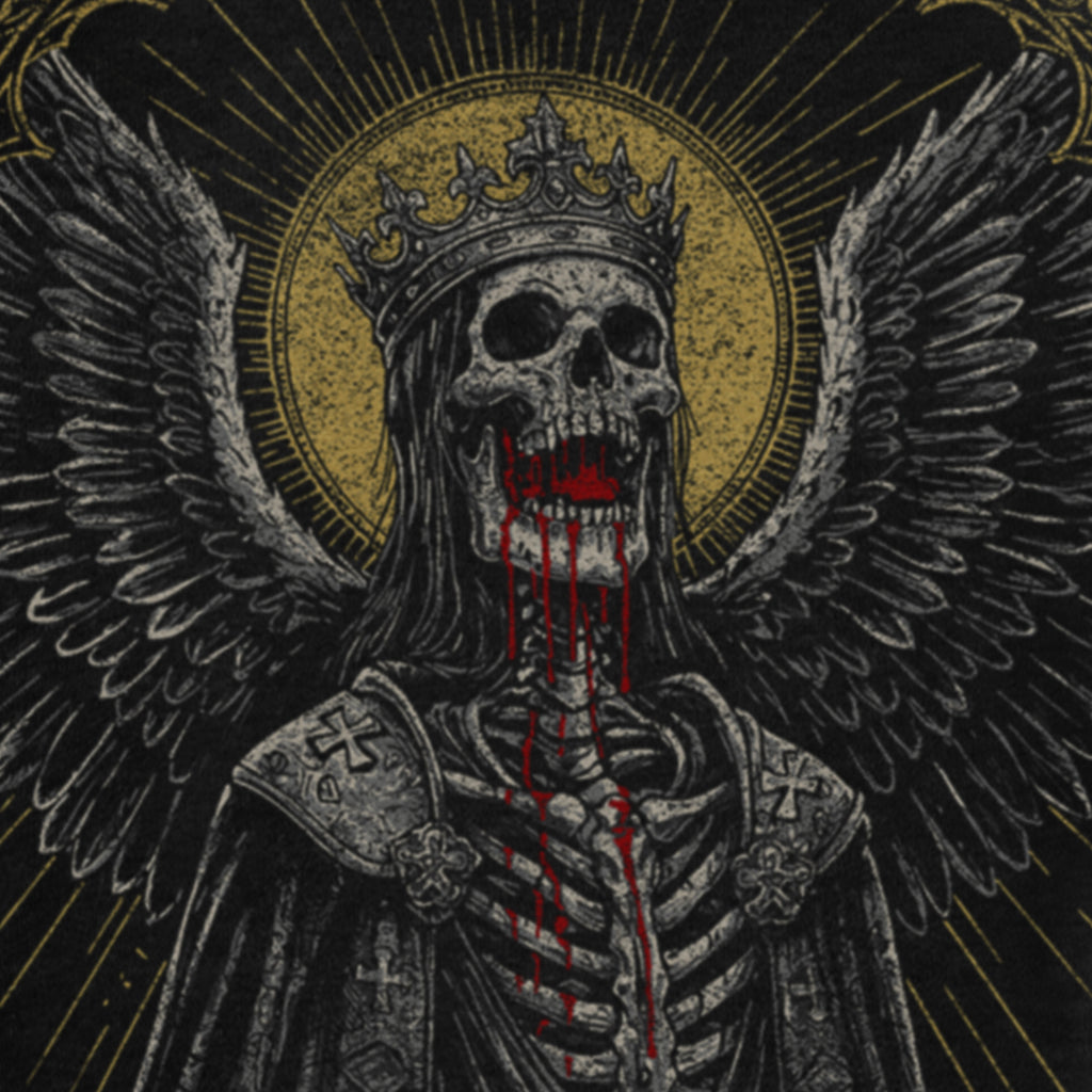 Close-up of a dark gothic-style graphic featuring a crowned skeletal figure with wings and blood dripping from its mouth, printed on the Fallen Angel Tee.