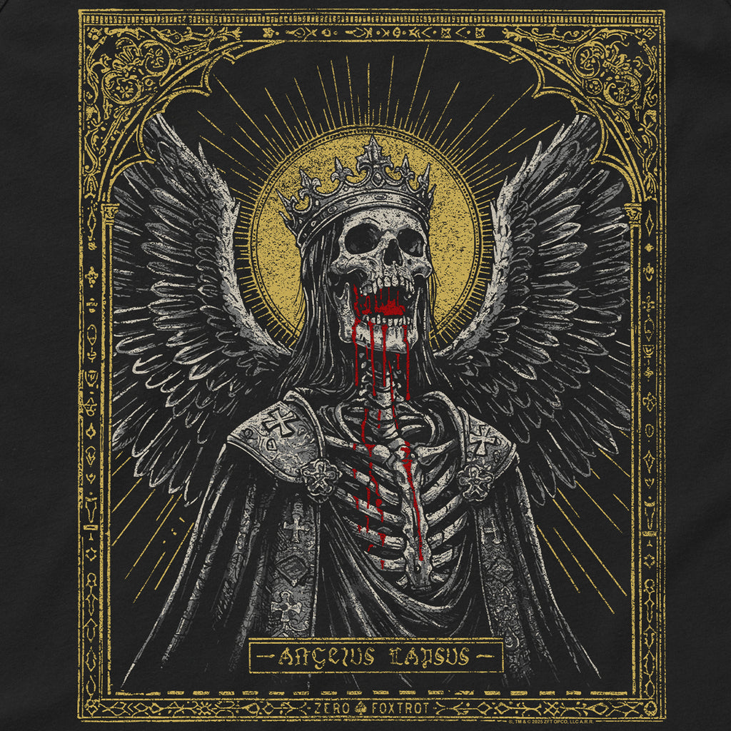Graphic design of a skeletal fallen angel wearing a crown and dark robes with detailed wings, with red accents resembling blood, set against a gold halo and ornate gold border, on a Fallen Angel Tank.