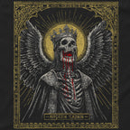 Graphic design of a skeletal fallen angel wearing a crown and dark robes with detailed wings, with red accents resembling blood, set against a gold halo and ornate gold border, on a Fallen Angel Tank.