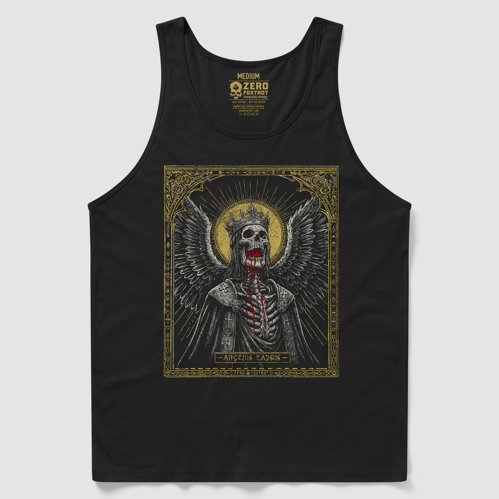 Black Fallen Angel Tank featuring a detailed graphic of a skeletal angel with a crown and wings, gold halo, and intricate ornate border design.