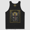 Black Fallen Angel Tank featuring a detailed graphic of a skeletal angel with a crown and wings, gold halo, and intricate ornate border design.