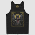 Black Fallen Angel Tank featuring a detailed graphic of a skeletal angel with a crown and wings, gold halo, and intricate ornate border design.
