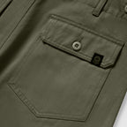 Close-up of olive green Fatigue Shorts pocket with button closure and small black woven label, highlighting durable fabric and detailed stitching.