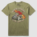 Olive green Fear to Tread Tee featuring a vintage hot rod car with flames and a red devil character, accompanied by the text "Where others fear to tread" in bold letters.