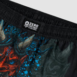 Close-up of the waistband on black ZF Fight Shorts featuring a detailed colorful oni mask design with blue paint splatters and the Zero Foxtrot logo patch.