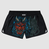 Black ZF Fight Shorts featuring a striking red Oni mask graphic with horns and blue splatter accents, designed for a bold and fierce look.
