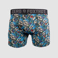 Boxer Briefs - Flaming Skulls with a blue, black, and gray skull pattern accented by red roses and a black branded waistband