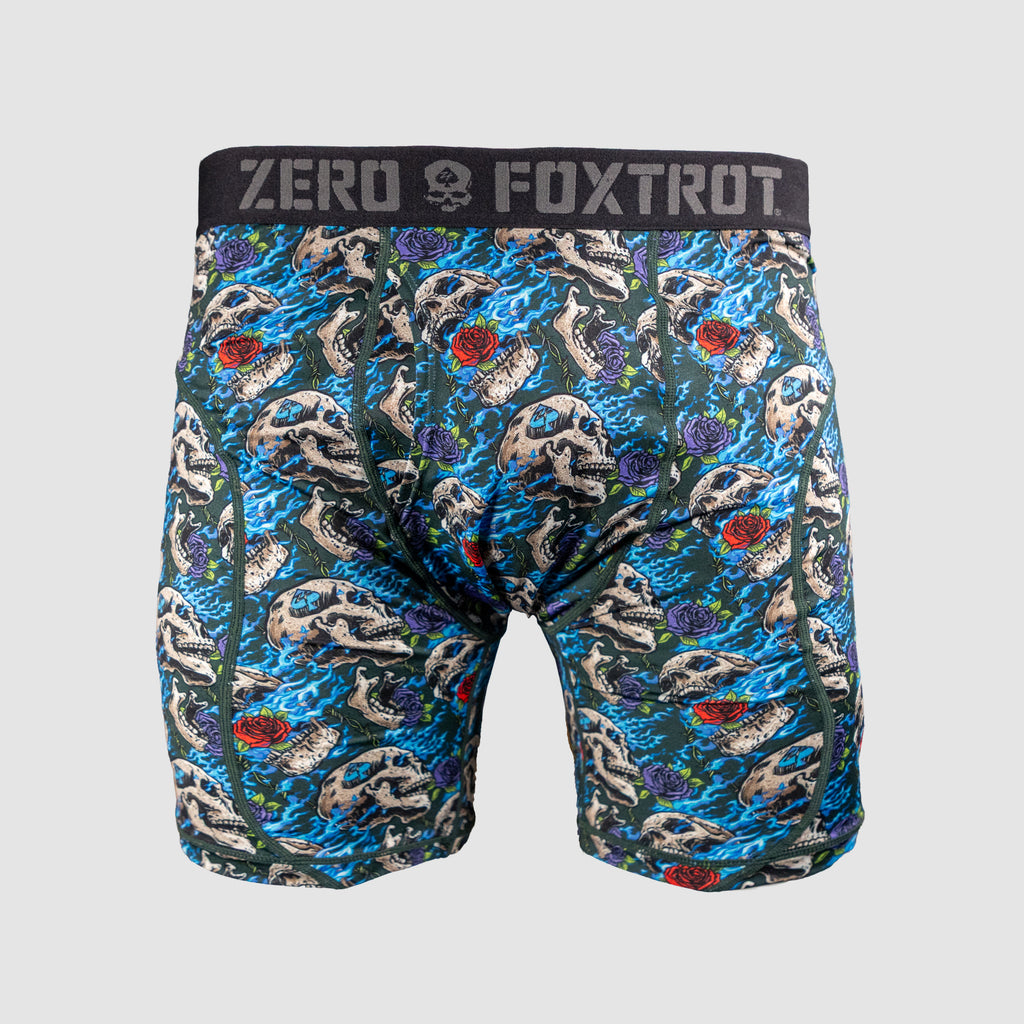 Boxer Briefs - Flaming Skulls with a blue patterned design featuring skulls, flames, red roses, and a black elastic waistband
