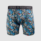 Boxer Briefs - Flaming Skulls with a blue patterned design featuring skulls, flames, red roses, and a black elastic waistband