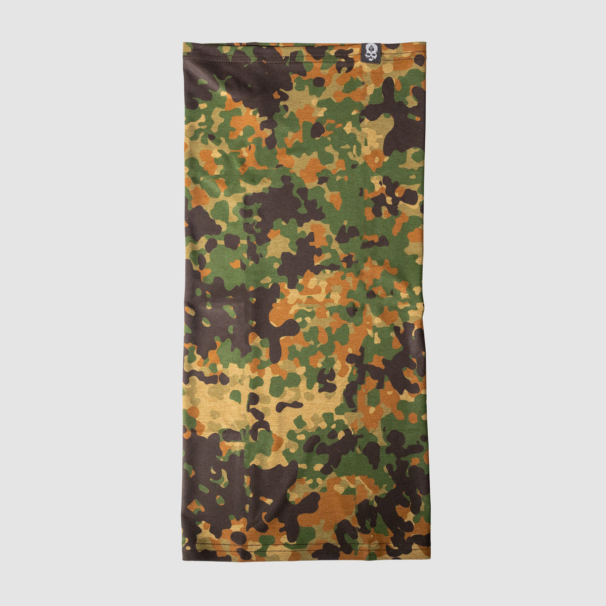 Performance Sun Gaiter in a flecktarn camouflage pattern featuring green, brown, tan, and black colors designed for sun protection and outdoor activities.