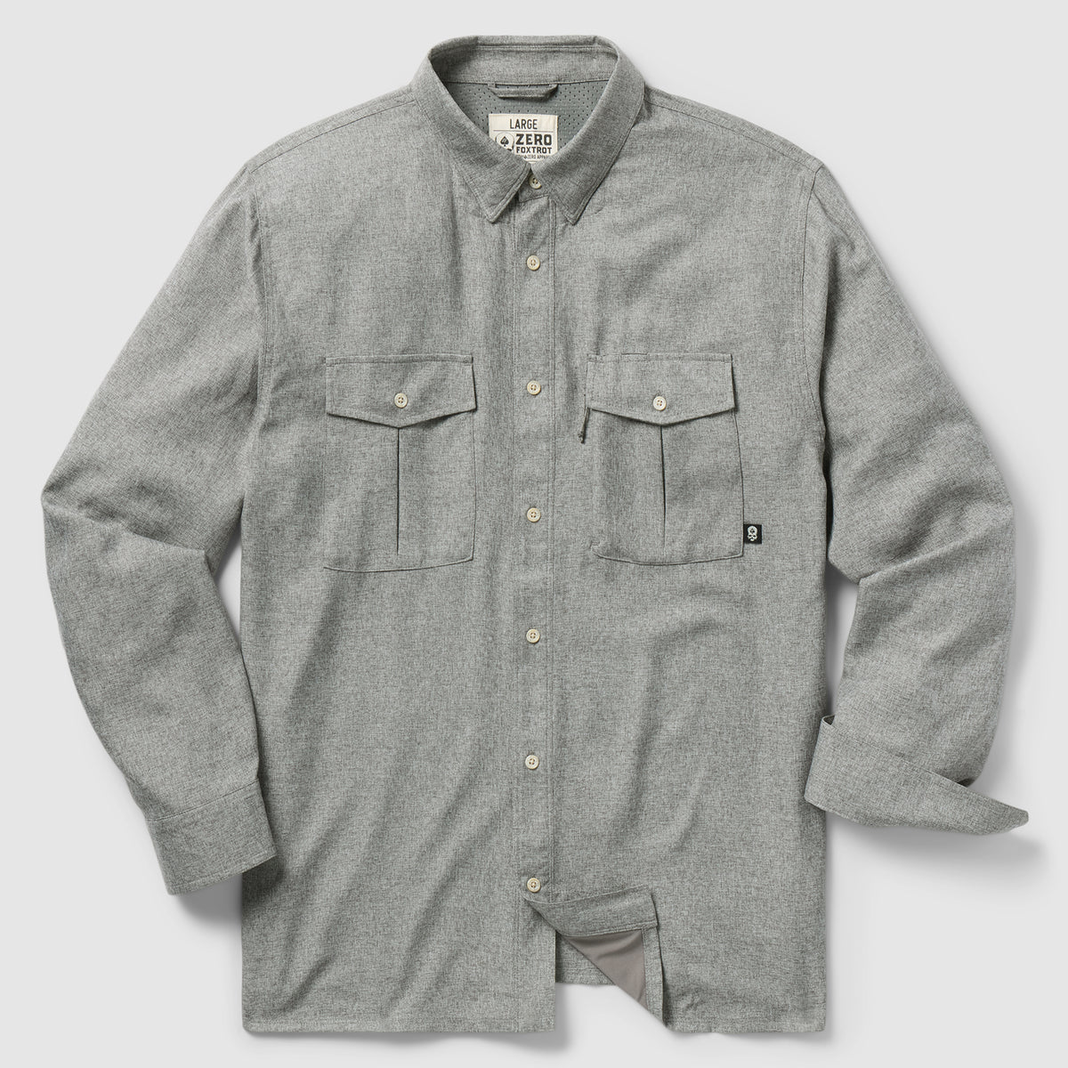 Light charcoal gray button-up shirt with long sleeves and two front buttoned flap pockets, displayed flat, featuring the F'n Soft Daily Shirt design.