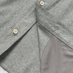 Close-up of a charcoal grey fabric button-up shirt showing detailed stitching and buttons, featuring the soft, comfortable lining of the F'n Soft Daily Shirt.