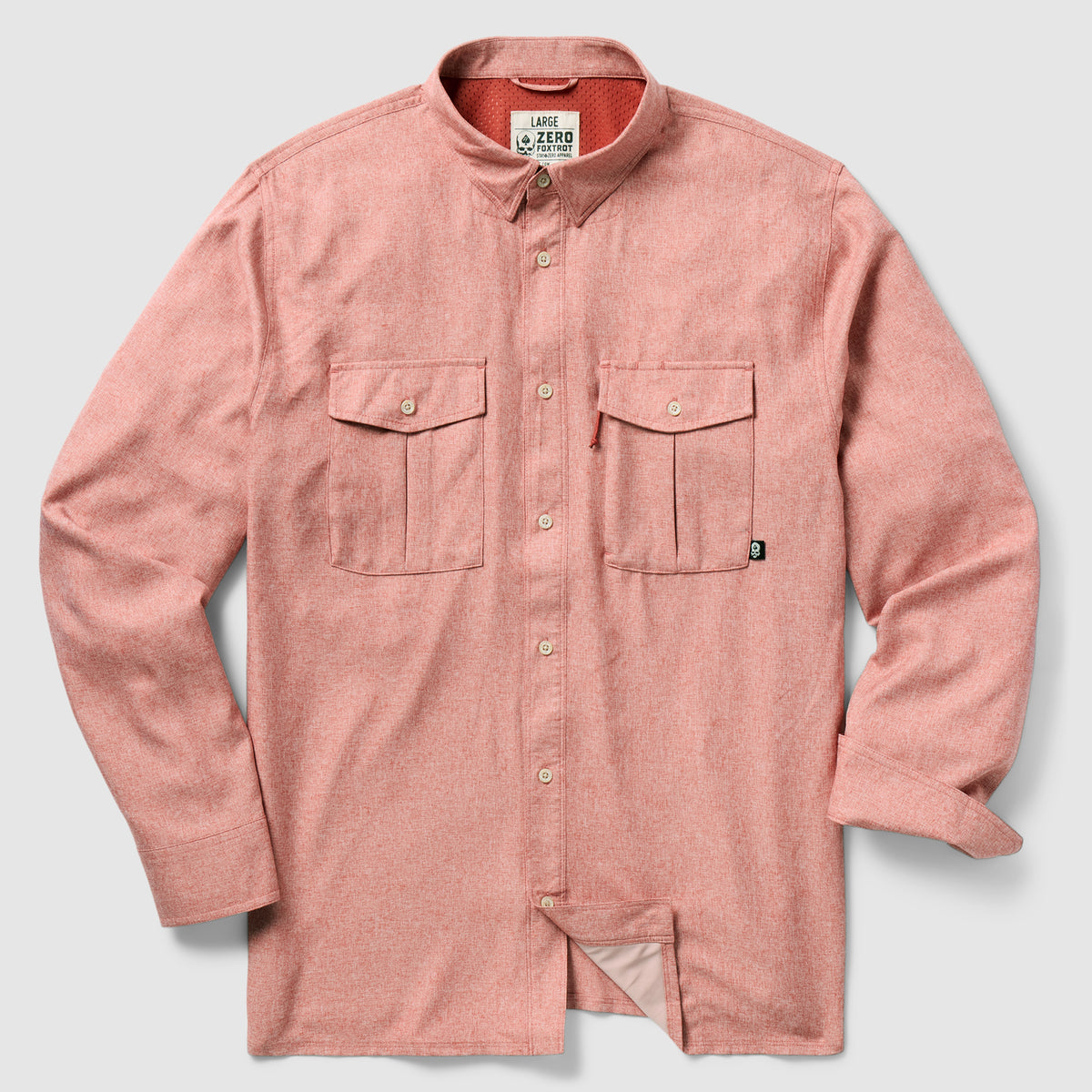 F'n Soft Daily Shirt in a soft rust color, featuring long sleeves, a button-up front, two chest flap pockets, and a casual collarless design.