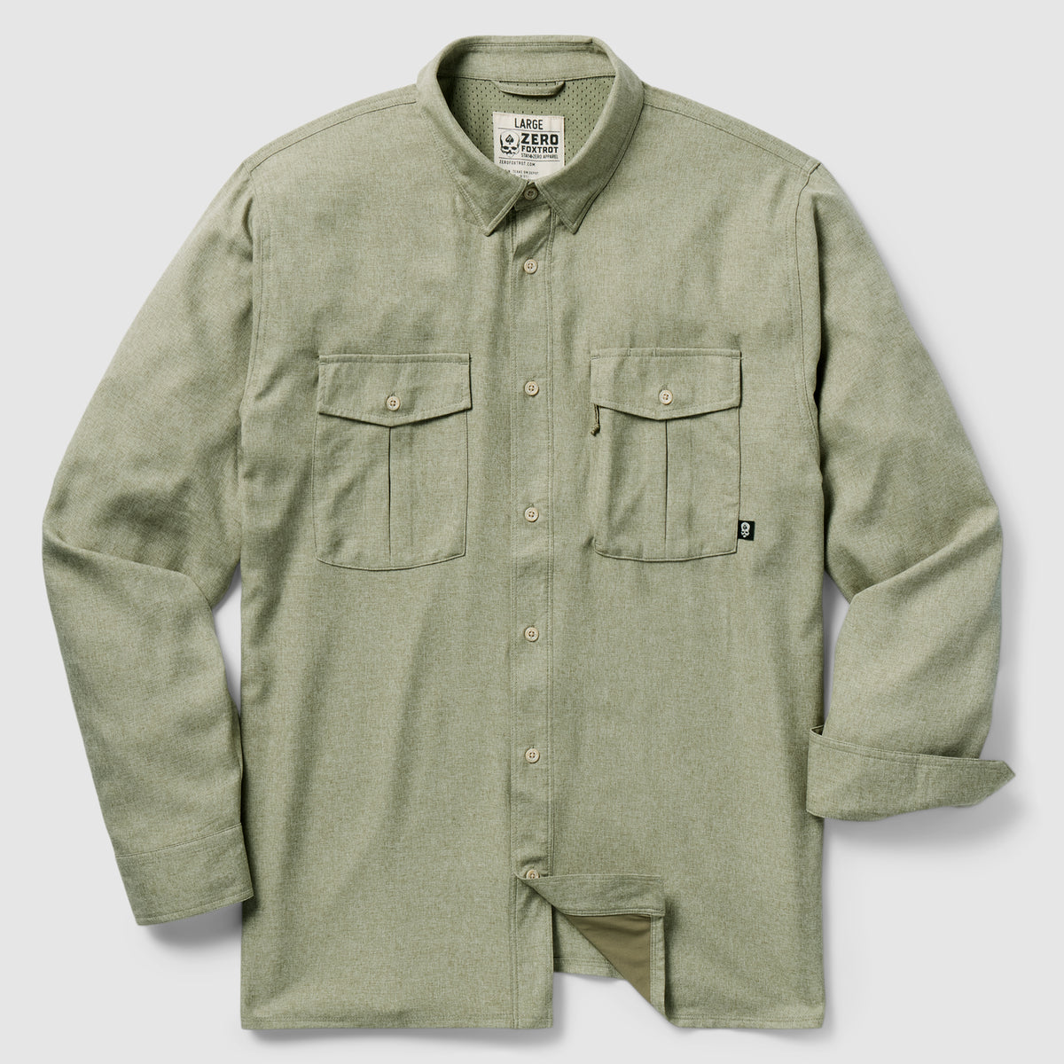 F'n Soft Daily Shirt in sage green with long sleeves, button-up front, two chest pockets with button flaps, and a classic collar made from soft fabric for everyday wear.