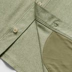 Close-up of the sage green F'n Soft Daily Shirt showing textured fabric, button details, and smooth inner lining.