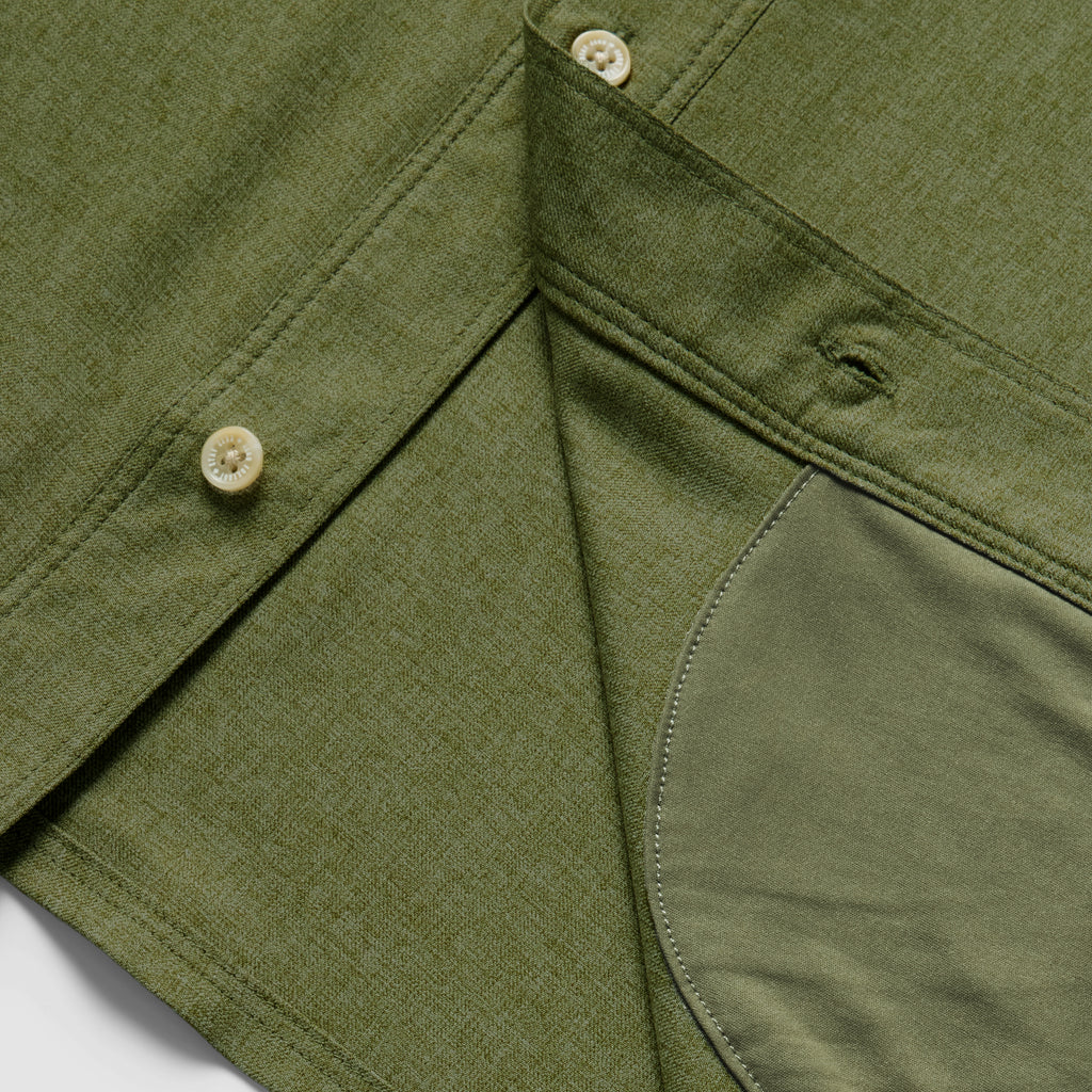 Close-up of the dark olive F'n Soft Daily Shirt showing button details and inner pocket lining made from soft fabric for comfortable daily wear.