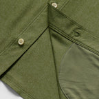 Close-up of the dark olive F'n Soft Daily Shirt showing button details and inner pocket lining made from soft fabric for comfortable daily wear.