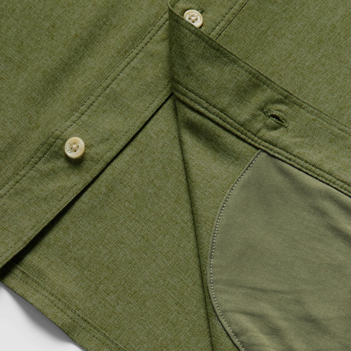 Close-up of the dark olive F'n Soft Daily Shirt showing button details and inner pocket lining made from soft fabric for comfortable daily wear.